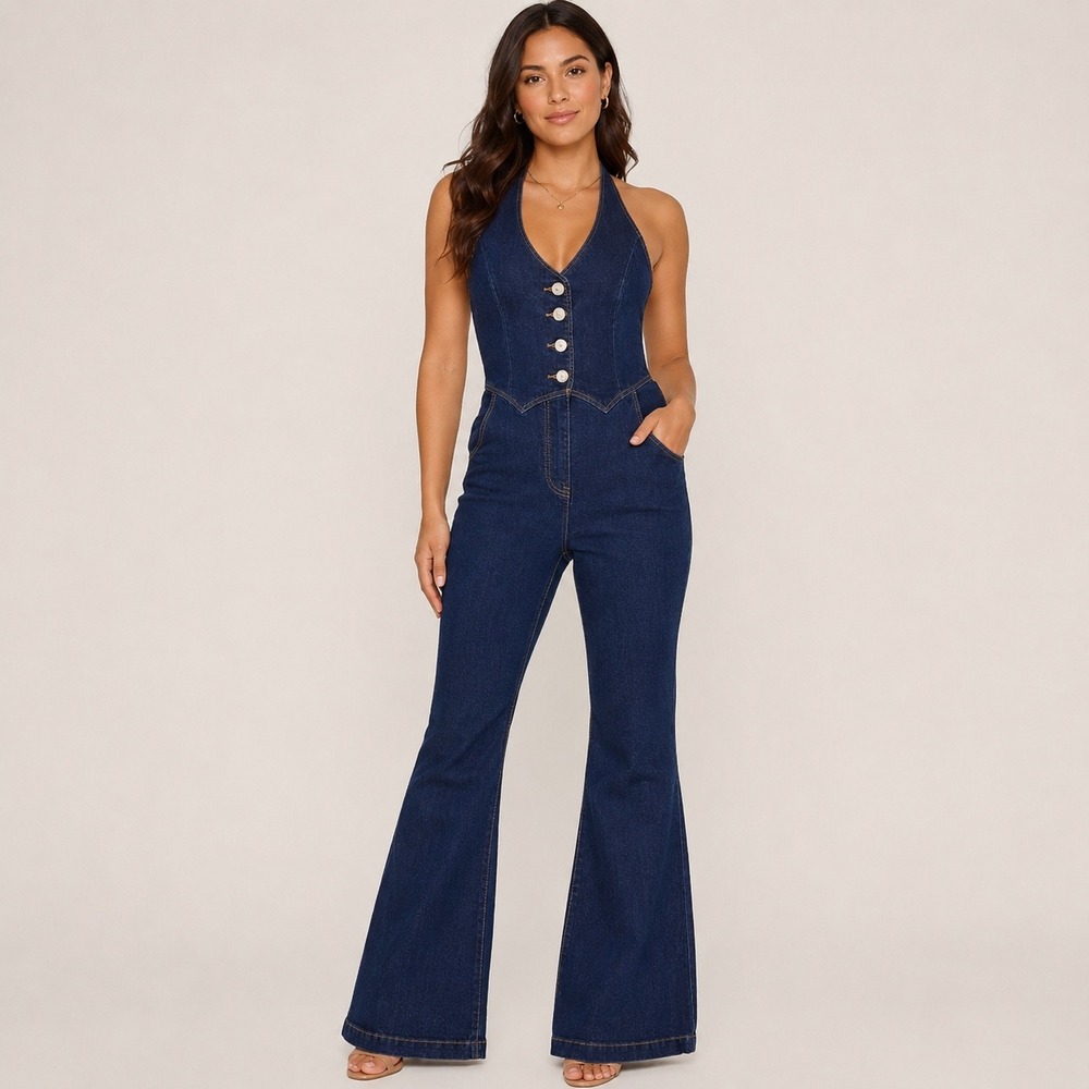 FOREVER 21 Halter Denim Flare Jumpsuit Size M Dark Wash 70s Retro Western Boho
